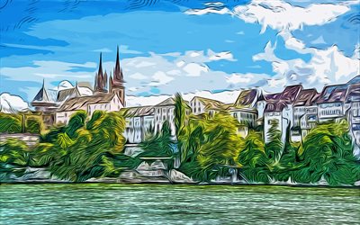Basel, Sveitsi, 4k, vektorikuva, Baselin piirustus, luova taide, Baselin taide, vektoripiirustus, abstraktit kaupunkimaisemat, Baselin kaupunkikuva
