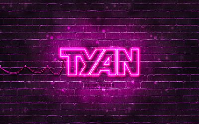 Logotipo morado de Tyan, 4k, muro de ladrillo morado, logotipo de Tyan, marcas, logotipo de ne&#243;n de Tyan, Tyan