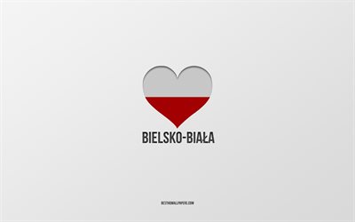 Amo Bielsko-Biala, ciudades polacas, D&#237;a de Bielsko-Biala, fondo gris, Bielsko-Biala, Polonia, coraz&#243;n de la bandera polaca, ciudades favoritas