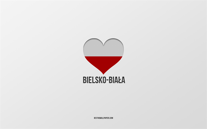 Amo Bielsko-Biala, citt&#224; polacche, Giorno di Bielsko-Biala, sfondo grigio, Bielsko-Biala, Polonia, cuore della bandiera polacca, citt&#224; preferite