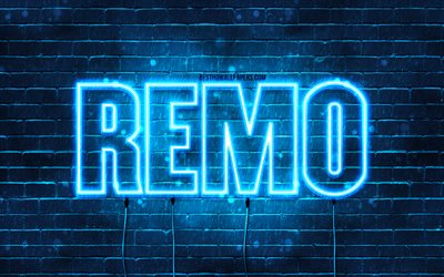 Remo, 4k, wallpapers with names, Remo name, blue neon lights, Remo Birthday, Happy Birthday Remo, popular italian male names, picture with Remo name