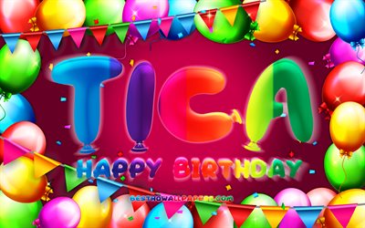 誕生日おめでとう, 4k, カラフルなバルーンフレーム, ティカの名前, 紫の背景, ティカの誕生日, 人気のドイツの女性の名前, 誕生日のコンセプト, ティカ