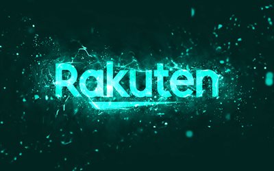 Rakuten turquoise logo, 4k, turquoise neon lights, creative, turquoise abstract background, Rakuten logo, brands, Rakuten
