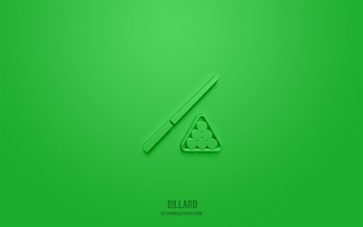 billard 3d icon, خلفية خضراء, رموز ثلاثية الأبعاد, البلياردو, أيقونات رياضية, أيقونات ثلاثية الأبعاد, علامة البلياردو, الرياضة الرموز 3D