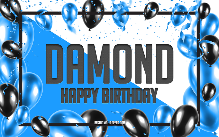 Joyeux anniversaire Damond, fond de ballons d&#39;anniversaire, Damond, fonds d&#39;&#233;cran avec des noms, Damond joyeux anniversaire, fond d&#39;anniversaire de ballons bleus, anniversaire de Damond