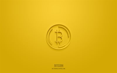 bitcoin 3d-kuvake, keltainen tausta, 3d-symbolit, bitcoin, rahoituskuvakkeet, 3d-kuvakkeet, bitcoin-merkki