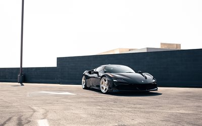 Ferrari SF90 Stradale, 4k, supercar negro, vista de frente, exterior, negro SF90, autos deportivos italianos, Ferrari