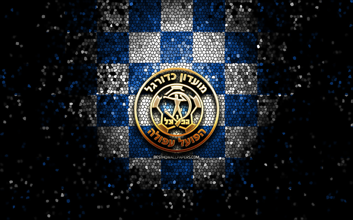 Hapoel Afula FC, glitter logo, Leumit League, blue white checkered background, soccer, Israeli football club, Hapoel Afula logo, mosaic art, football, Hapoel Afula