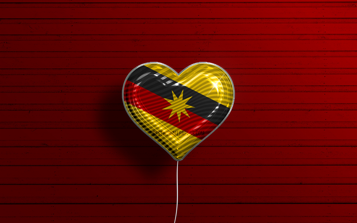 I Love Sarawak, 4k, realistiska ballonger, r&#246;d tr&#228;bakgrund, Day of Sarawak, malaysiska stater, Sarawaks flagga, Malaysia, ballong med flagga, Malaysias stater, Sarawak