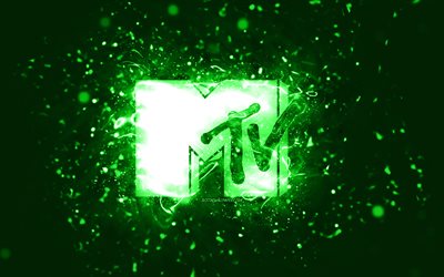 MTV green logo, 4k, green neon lights, creative, green abstract background, MTV logo, brands, MTV