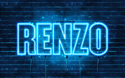 Renzo, 4k, des fonds d&#39;&#233;cran avec des noms, le nom de Renzo, des n&#233;ons bleus, Anniversaire de Renzo, Joyeux Anniversaire Renzo, des noms masculins italiens populaires, une photo avec le nom de Renzo