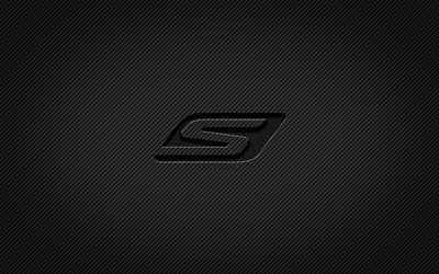 Skechers carbon logotyp, 4k, grunge art, carbon bakgrund, kreativ, Skechers svarta logotyp, varum&#228;rken, Skechers logotyp, Skechers