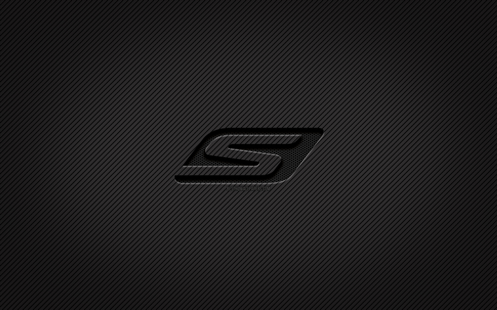 Skechers carbon logotyp, 4k, grunge art, carbon bakgrund, kreativ, Skechers svarta logotyp, varum&#228;rken, Skechers logotyp, Skechers