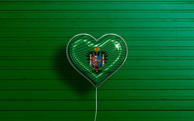 トレド大好き, 4k, リアルな風船, 緑の木製の背景, トレドの日, スペインの州, トレドの旗, スペイン, 旗が付いている気球, トレド旗, トレド