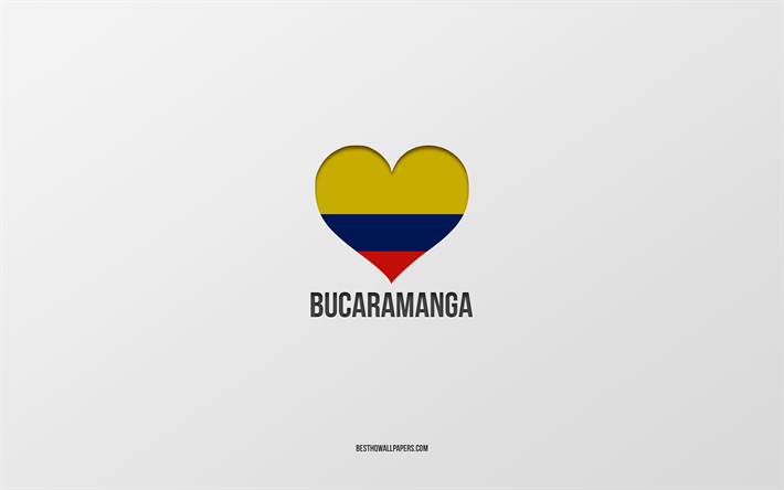 J&#39;aime Bucaramanga, villes colombiennes, Jour de Bucaramanga, fond gris, Bucaramanga, Colombie, Coeur de drapeau colombien, villes pr&#233;f&#233;r&#233;es, Love Bucaramanga