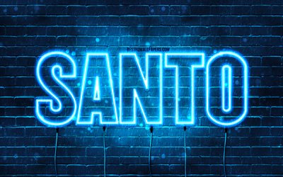 Santo, 4k, des fonds d&#39;&#233;cran avec des noms, le nom de Santo, des n&#233;ons bleus, Santo Anniversaire, Joyeux Anniversaire Santo, des noms masculins italiens populaires, une photo avec le nom de Santo