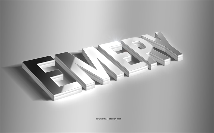 Emery, silver 3d art, gray background, wallpapers with names, Emery name, Emery greeting card, 3d art, picture with Emery name