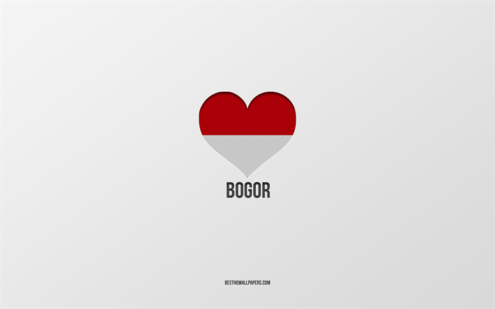 J&#39;aime Bogor, villes indon&#233;siennes, Jour de Bogor, fond gris, Bogor, Indon&#233;sie, coeur de drapeau indon&#233;sien, villes pr&#233;f&#233;r&#233;es, Love Bogor