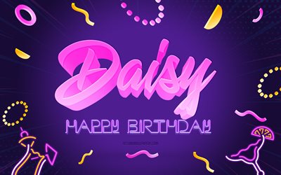 お誕生日おめでとうデイジー, 4k, 紫のパーティーの背景, デイジー, クリエイティブアート, デイジーお誕生日おめでとう, デイジー名, デイジーバースデー, 誕生日パーティーの背景