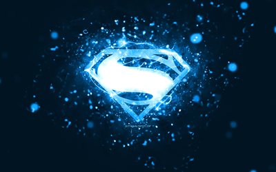 Superman mavi logo, 4k, mavi neon ışıklar, yaratıcı, mavi soyut arka plan, Superman logosu, s&#252;per kahramanlar, Superman