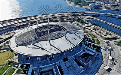 Krestovsky Stadyumu, 4k, vekt&#246;r sanatı, Krestovsky Stadyumu &#231;izimi, yaratıcı sanat, Krestovsky Stadyumu sanatı, vekt&#246;r &#231;izimi, soyut stadyumlar, Rusya, Gazprom Arena