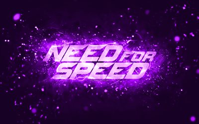 Need for Speed violetti logo, 4k, NFS, violetit neonvalot, luova, violetti abstrakti tausta, Need for Speed -logo, NFS-logo, Need for Speed
