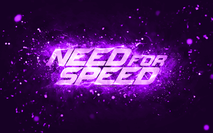 need for speed violettes logo, 4k, nfs, violette neonlichter, kreativer, violetter abstrakter hintergrund, need for speed-logo, nfs-logo, need for speed
