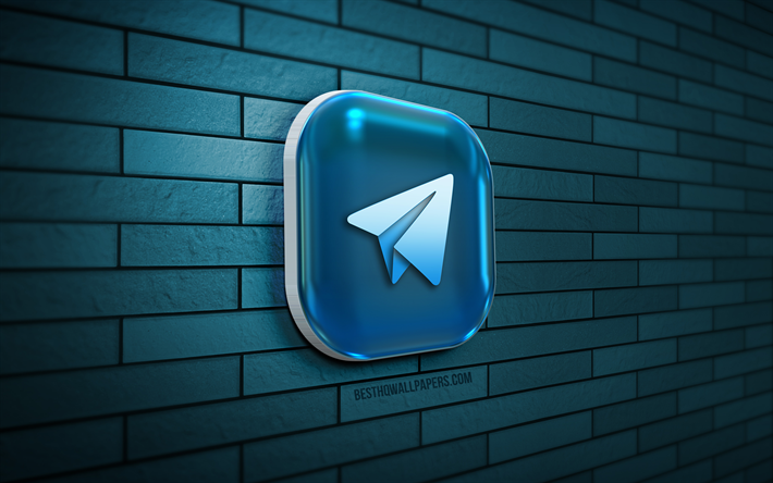 Logo Telegram 3D, 4K, brickwall bleu, cr&#233;atif, r&#233;seau social, logo Telegram, art 3D, Telegram
