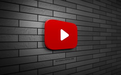 Youtube 3D-logo, 4K, harmaa tiilisein&#228;, luova, sosiaaliset verkostot, Youtube-logo, 3D-taide, Youtube