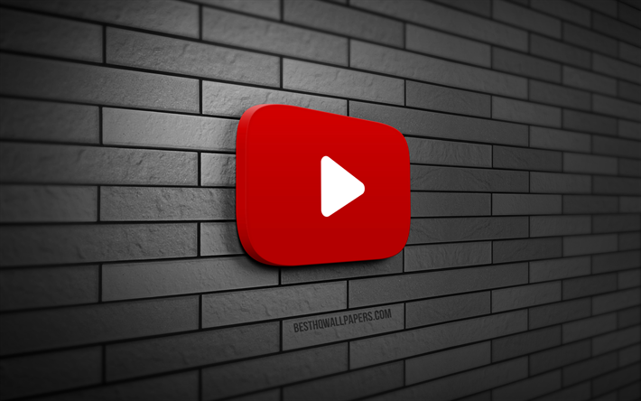 Youtube3Dロゴ, 4k, 灰色のレンガの壁, creative クリエイティブ, ソーシャルネットワーク, ユーチューブ  ロゴ, 3Dアート, Youtube