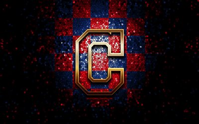 Cleveland Indians emblem, glitter logo, MLB, red blue checkered background, american baseball team, Major League Baseball, mosaic art, baseball, Cleveland Indians