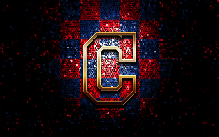 Cleveland Indians emblem, glitter logo, MLB, red blue checkered background, american baseball team, Major League Baseball, mosaic art, baseball, Cleveland Indians