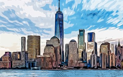 One World Trade Center, New York, Freedom Tower, 4k, vector art, One World Trade Center drawing, creative art, One World Trade Center art, vector drawing, abstract cityscapes, New York art, USA
