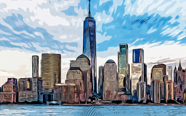 One World Trade Center, Nova York, Freedom Tower, 4k, arte vetorial, Um desenho do World Trade Center, arte criativa, A arte do One World Trade Center, desenho vetorial, resumo paisagens urbanas, Arte de Nova York, EUA