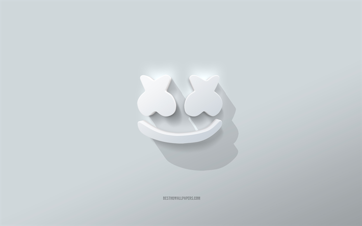 Logo Marshmello, sfondo bianco, logo Marshmello 3d, arte 3d, Marshmello, emblema Marshmello 3d, DJ Marshmello