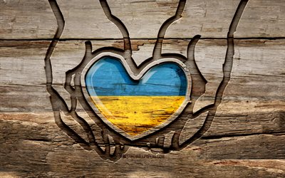 I love Ukraine, 4K, wooden carving hands, Day of Ukraine, Flag of Ukraine, creative, Ukraine flag, Ukrainian flag, Ukraine flag in hand, Take care Ukraine, wood carving, Europe, Ukraine