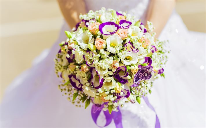Wedding bouquet, bride, rose, eustoma, white dress
