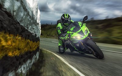 Kawasaki Ninja ZX-6R, sportbikes, speed, movement, rider, Kawasaki
