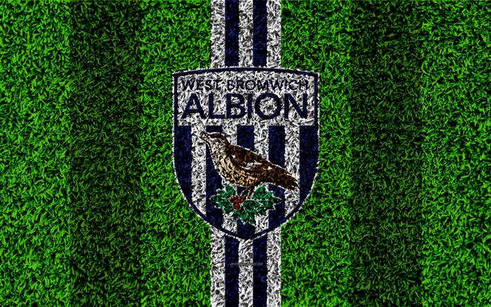 O West Bromwich Albion FC, 4k, futebol gramado, emblema, logo, Clube de futebol ingl&#234;s, grama verde textura, Premier League, O West Bromwich, Reino Unido, futebol