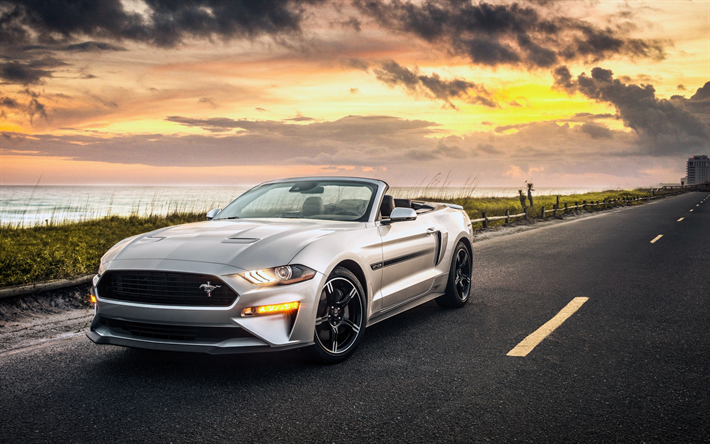 Ford Mustang GT, Convertible, 2019, California, silver cabriolet, new cars, new silver Mustang, American cars, Ford