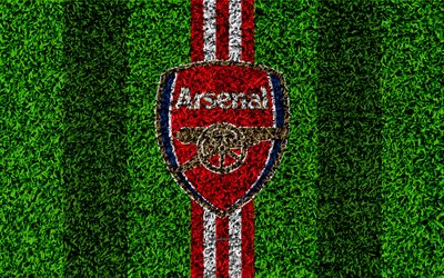 O Arsenal FC, 4k, futebol gramado, emblema, logo, Clube de futebol ingl&#234;s, grama verde textura, Premier League, Londres, Reino UNIDO, futebol