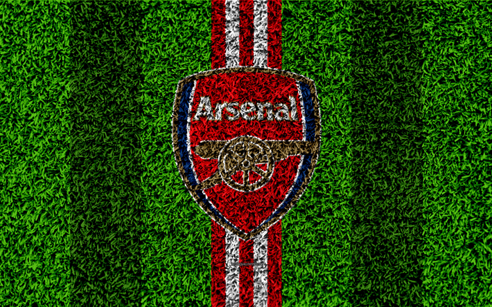 Arsenal FC, 4k, fotboll gr&#228;smatta, emblem, logotyp, Engelska football club, gr&#246;nt gr&#228;s konsistens, Premier League, London, STORBRITANNIEN, fotboll