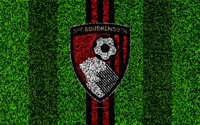 Bournemouth FC, AFCB, 4k, futebol gramado, emblema, logo, Clube de futebol ingl&#234;s, grama verde textura, Premier League, Bournemouth, Reino Unido, futebol