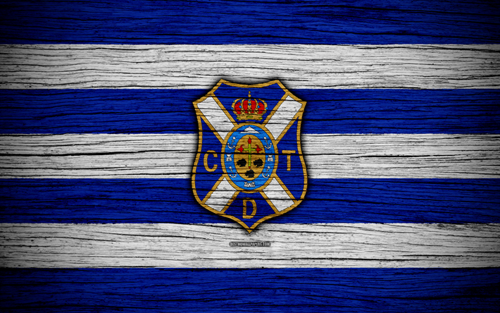 Tenerife FC, 4k, Segunda Divis&#227;o, futebol, clube de futebol, Espanha, Tenerife CF, logo, LaLiga2, textura de madeira, FC Tenerife