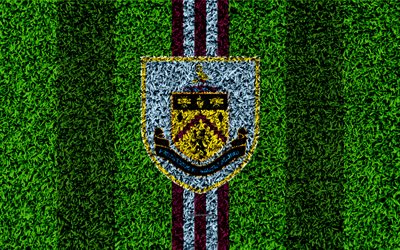 Burnley FC, 4k, futbol &#231;im, amblem, logo, İngiliz Futbol Kul&#252;b&#252;, yeşil &#231;im doku, İngiltere Premier Ligi, Burnley, Birleşik Krallık, futbol