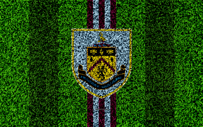 Burnley FC, 4k, le football pelouse, embl&#232;me, logo, club de football anglais, de l&#39;herbe verte de la texture, de la Premier League, Burnley, Royaume-Uni, le football