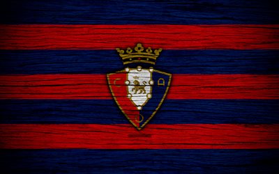 Osasuna FC, 4k, Segunda Divis&#227;o, futebol, clube de futebol, Espanha, CA Osasuna, logo, LaLiga2, textura de madeira, FC Osasuna