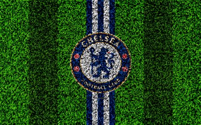 Chelsea FC, 4k, futbol &#231;im, amblem, Chelsea logo, İngiliz Futbol Kul&#252;b&#252;, yeşil &#231;im doku, UEFA Şampiyonlar Ligi, Londra, İngiltere, Birleşik Krallık, futbol