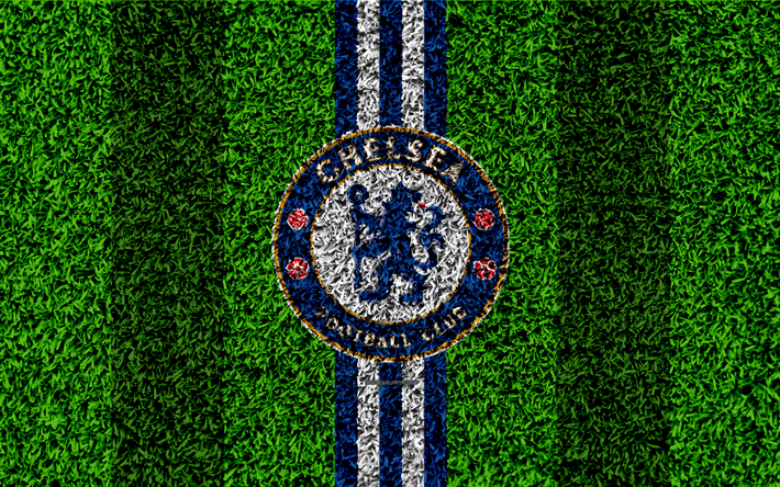 Il Chelsea FC, 4k, calcio prato, emblema, Chelsea, logo, club di calcio inglese, texture, verde, erba, Premier League, Londra, Inghilterra, Regno Unito, calcio