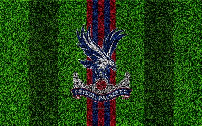 Crystal Palace FC, 4k, football lawn, emblem, logo, English football club, green grass texture, Premier League, Croydon, London, England, UK, football